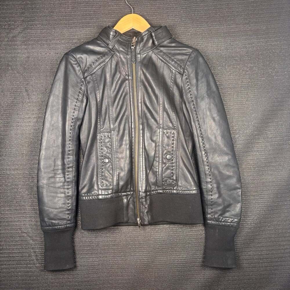 Mackage Leather Bomber Jacket Size P/S Black Floral Silk Lining